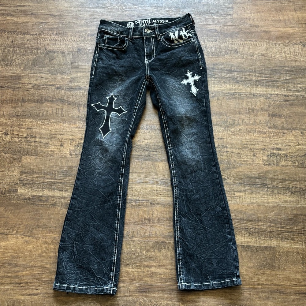 Ninth Hall Alyssia Cross Black Wash Mid Rise Bootcut